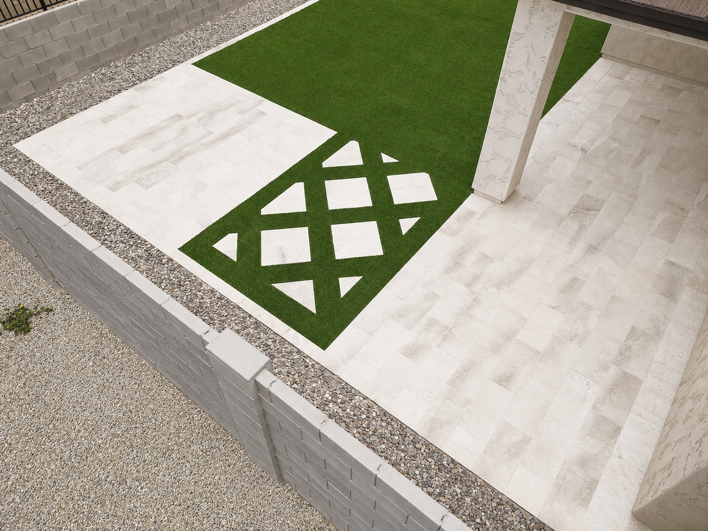 Custom geometric limestone paver inlay set into artificial turf